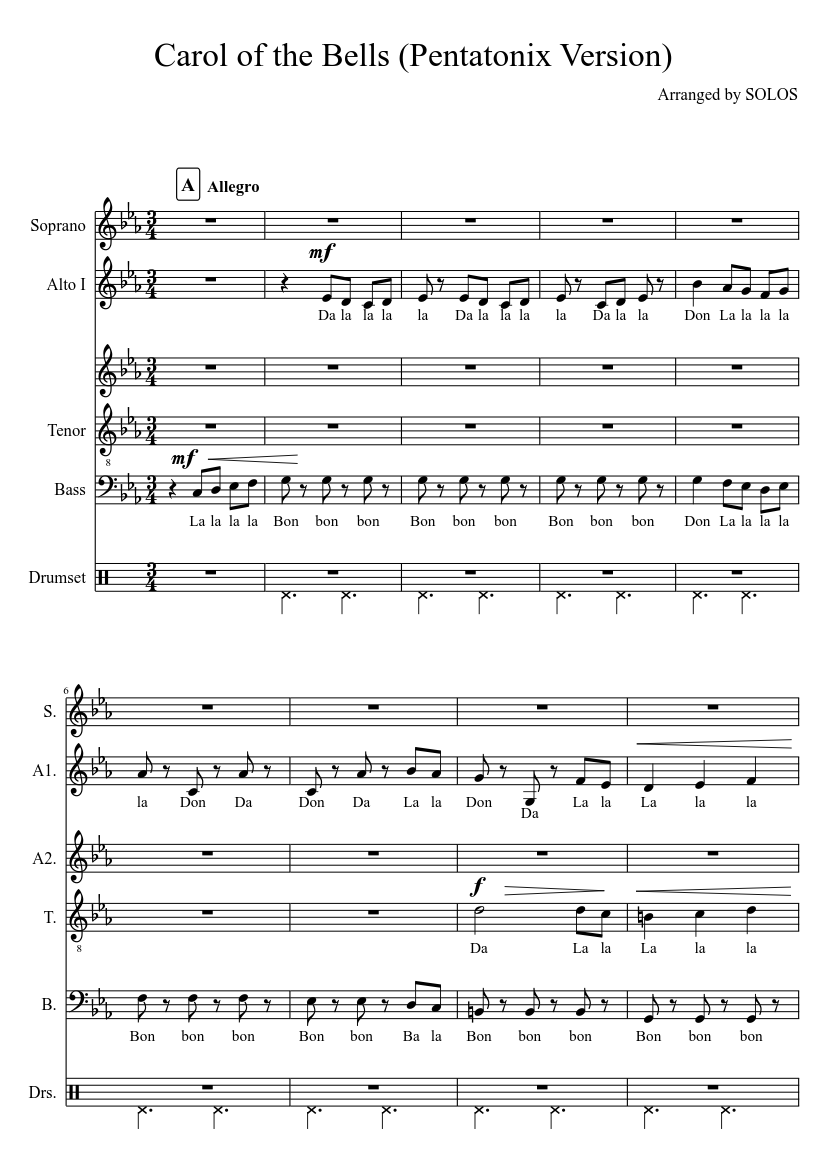 Carol Of The Bells (Pentatonix Version) Chambers Group Sheet Music.