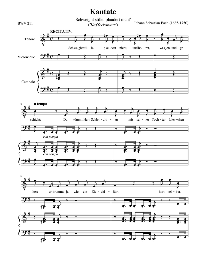 J.S. Bach Cantata BWV 211 "Coffee" I. Recitativ (Tenore) Sheet music for Cello, Tenor