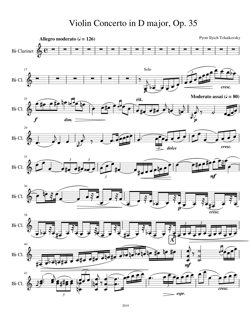 Bb Simplified Tchaikovsky Violin Concerto in DMaj Op. 35 Piano Reduction  Clarinet Alto Sax Sheet music for Clarinet in b-flat (Solo) | Musescore.com