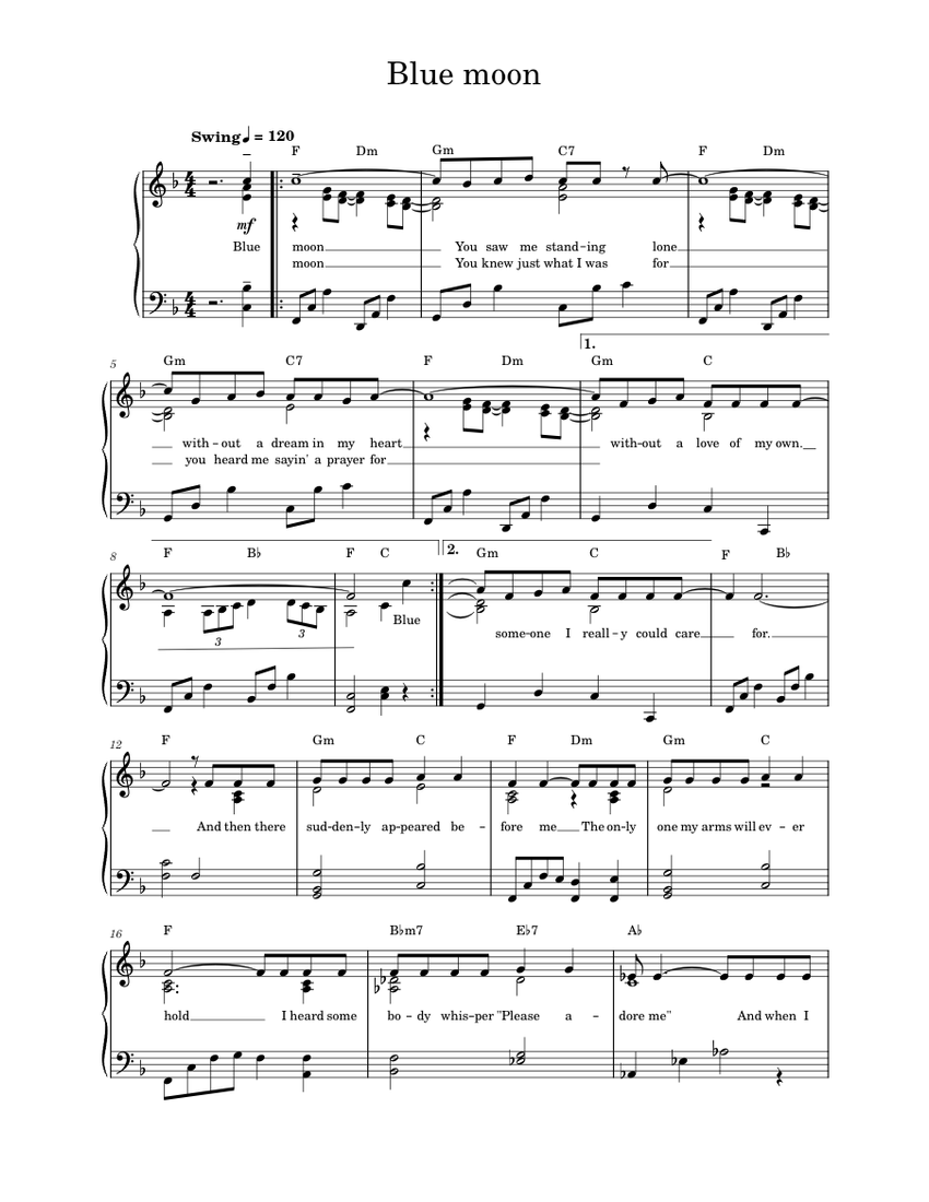 Blue Moon – Richard Rodgers Sheet music for Piano (Solo) | Musescore.com