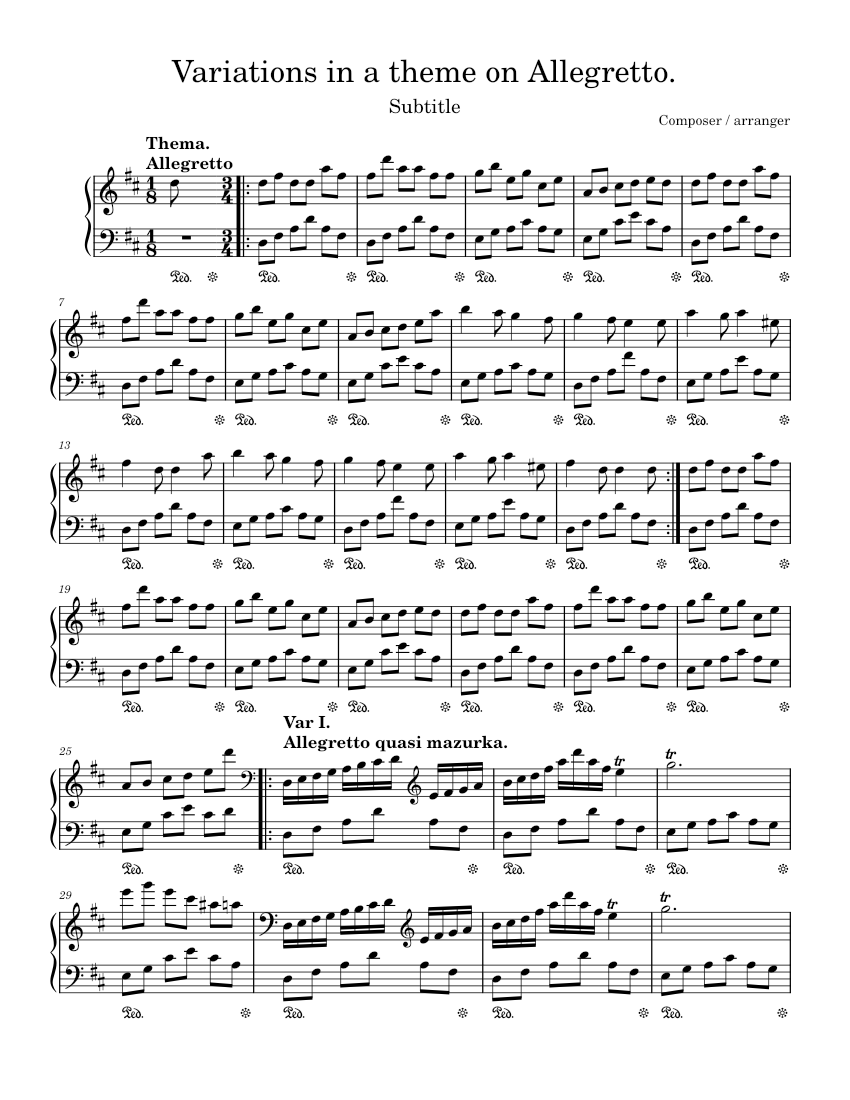 Three Variations in a theme on Allegretto Sheet Music for Piano (Solo ...