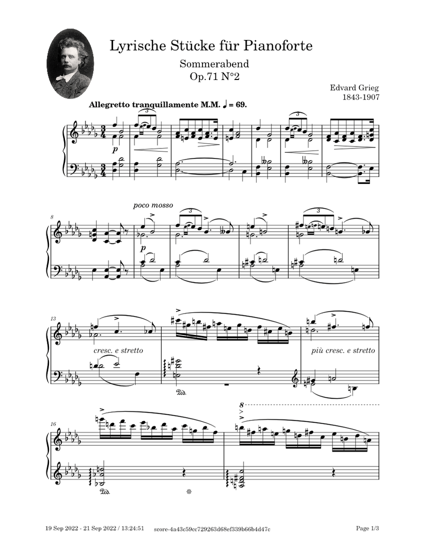 Lyrische Stücke für Pianoforte, Op.71, No.2 (Sommerabend) – Edvard Grieg  Sheet music for Piano (Solo) | Musescore.com