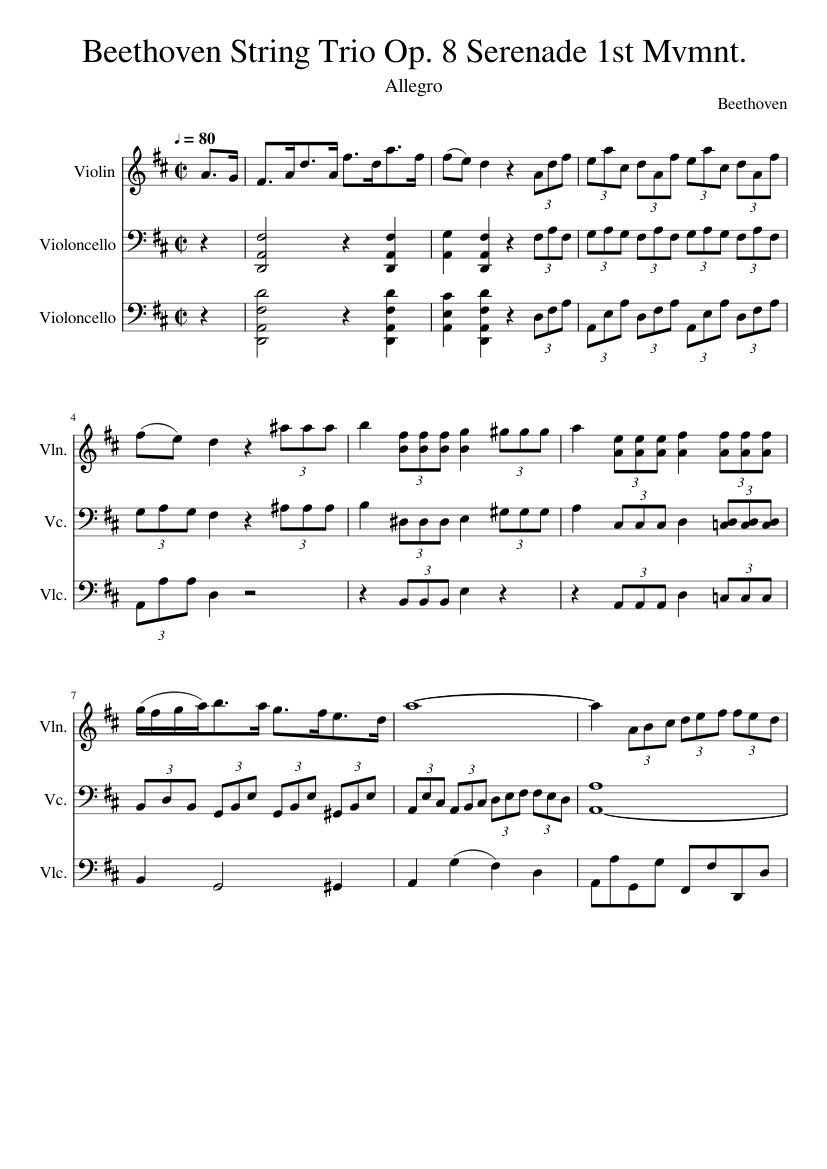 Beethovern String Trio Op. 8 Serenade 1st Movement For Violin & Two Cellos
