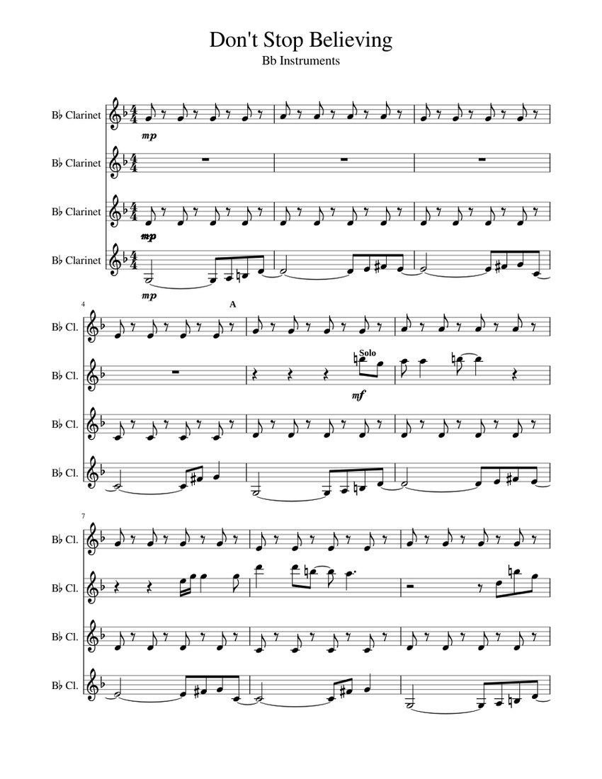 Don't Stop Believing Clarinet Quartet Sheet music for Clarinet in b ...