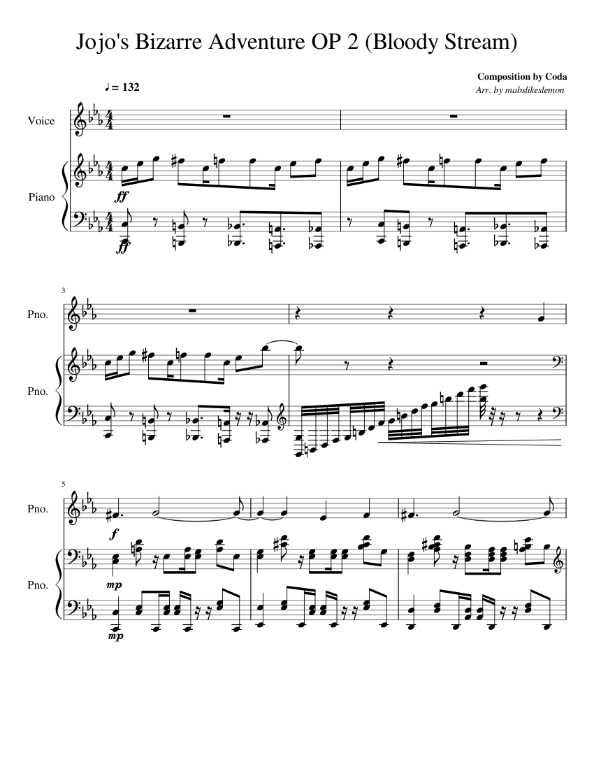 Jojo S Bizarre Adventure Op 2 Bloody Stream Sheet Music For Piano Voice Other Solo Musescore Com