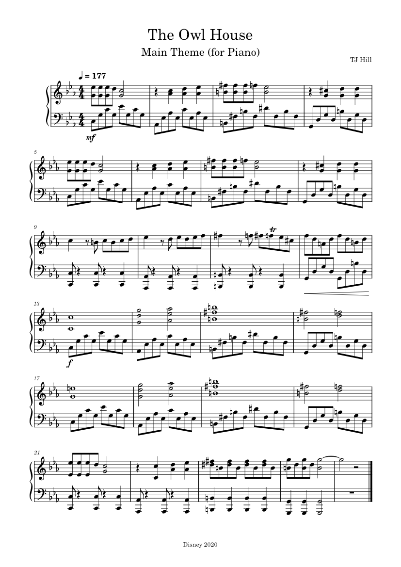 The Owl House Theme – TJ Hill The Owl House Theme – Piano Cover Sheet ...