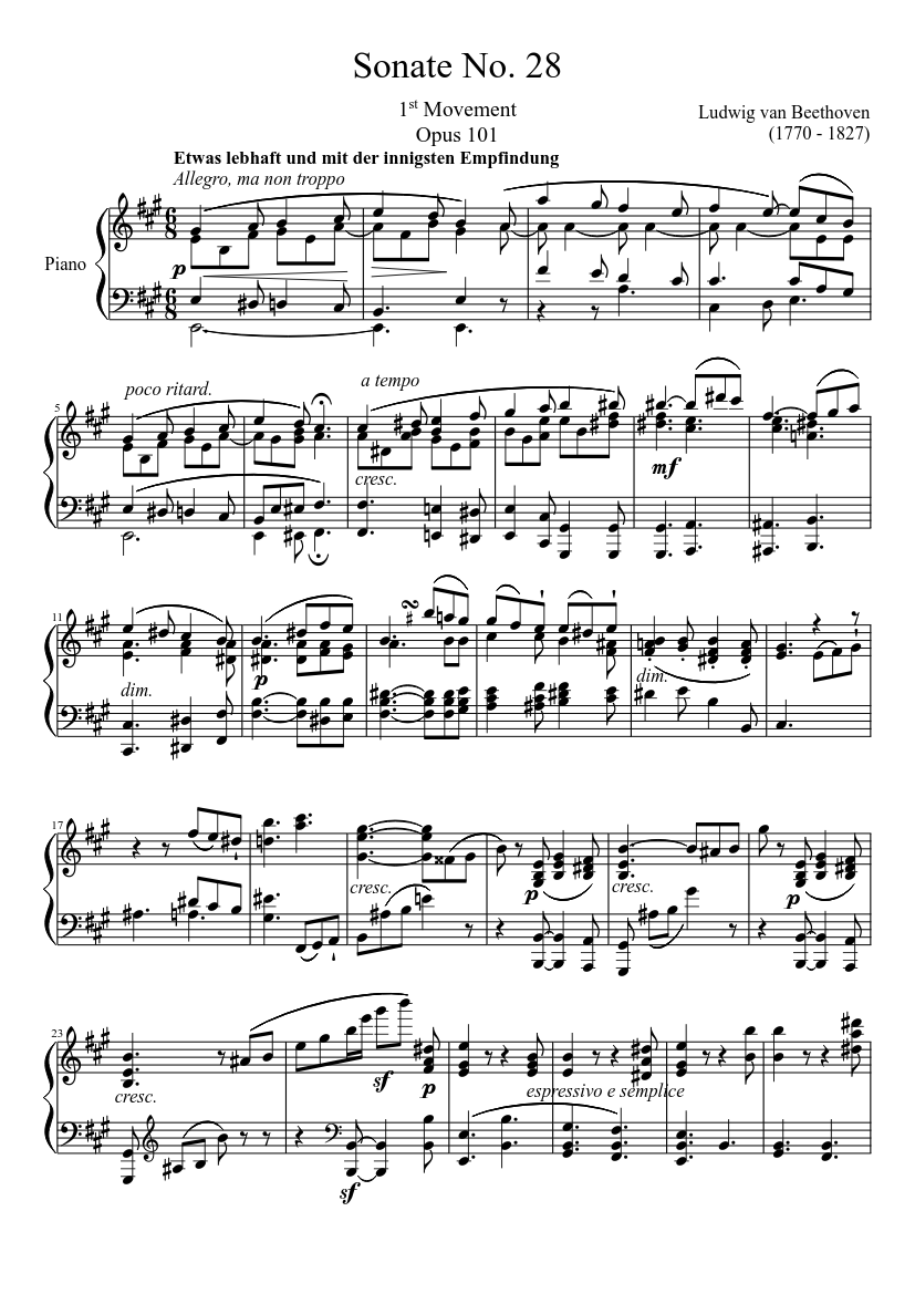 ソナタ第28番、第1楽章 楽譜 ピアノ (ソロ) | MuseScore.com