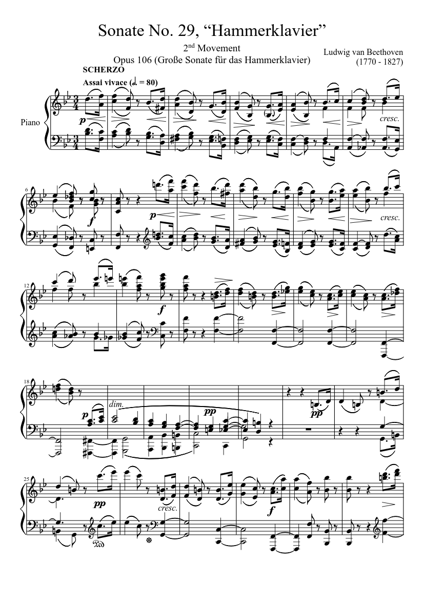 Sonate No. 29, “Hammerklavier” 2nd Movement Sheet music for Piano (Solo) |  Musescore.com