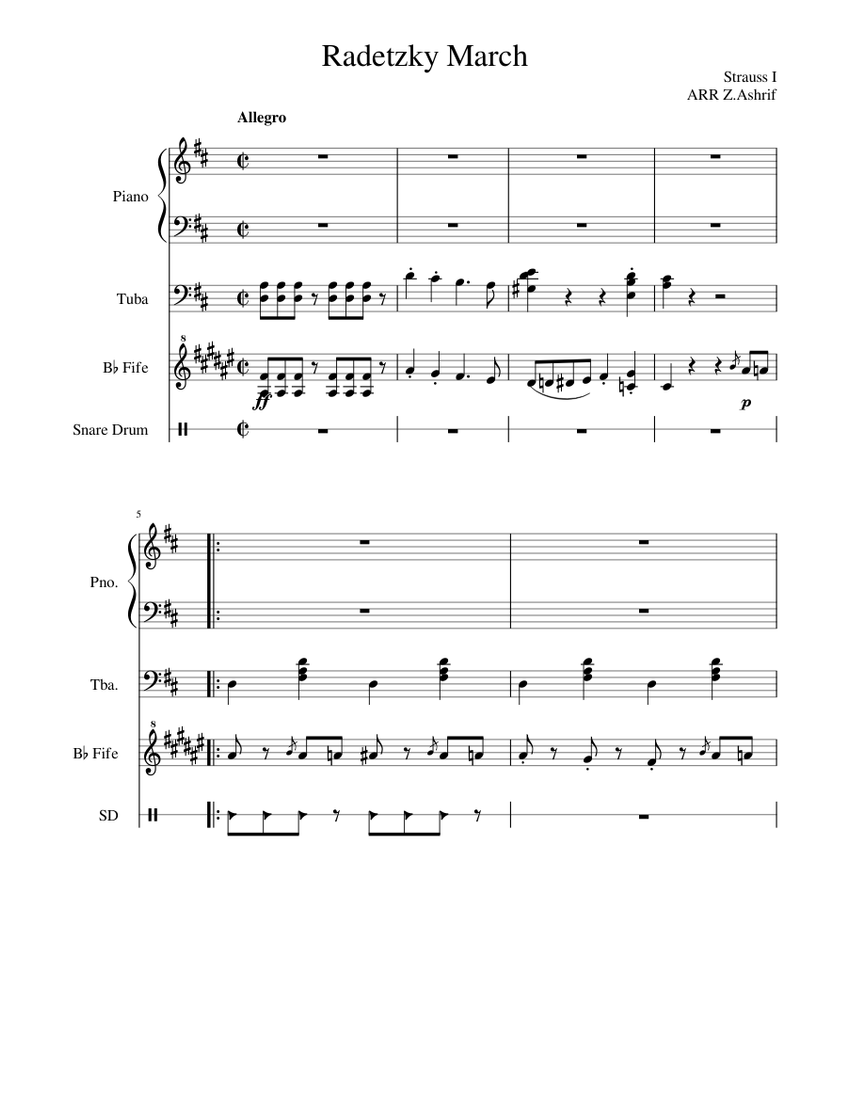 Radetzky March FIfe and Drum Sheet music for Piano, Tuba, Snare drum