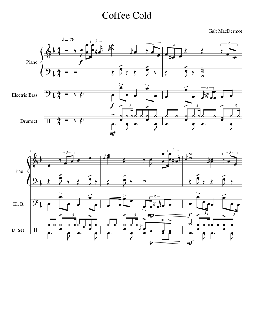 Coffee_Cold Sheet music for Piano, Bass guitar, Drum group (Mixed Trio)