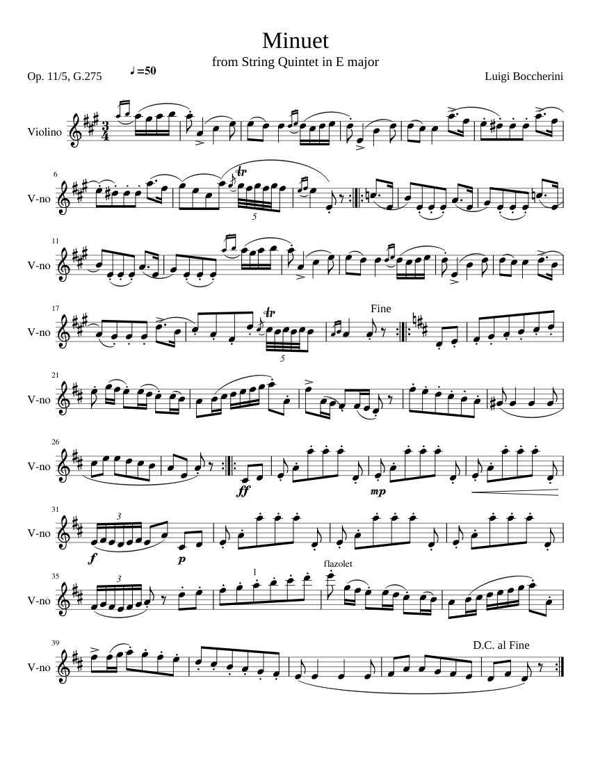 in PDF or MIDI free sheet music for Minuet by Luigi Boccherini arranged by ...