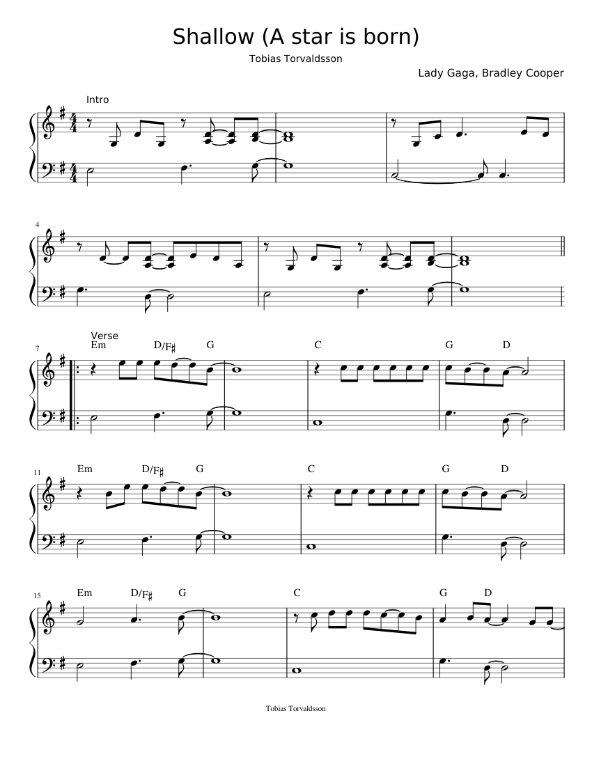 Shallow A star is born Lady Gaga Bradley Cooper EASY PIANO Sheet music for  Piano (Solo) | Musescore.com