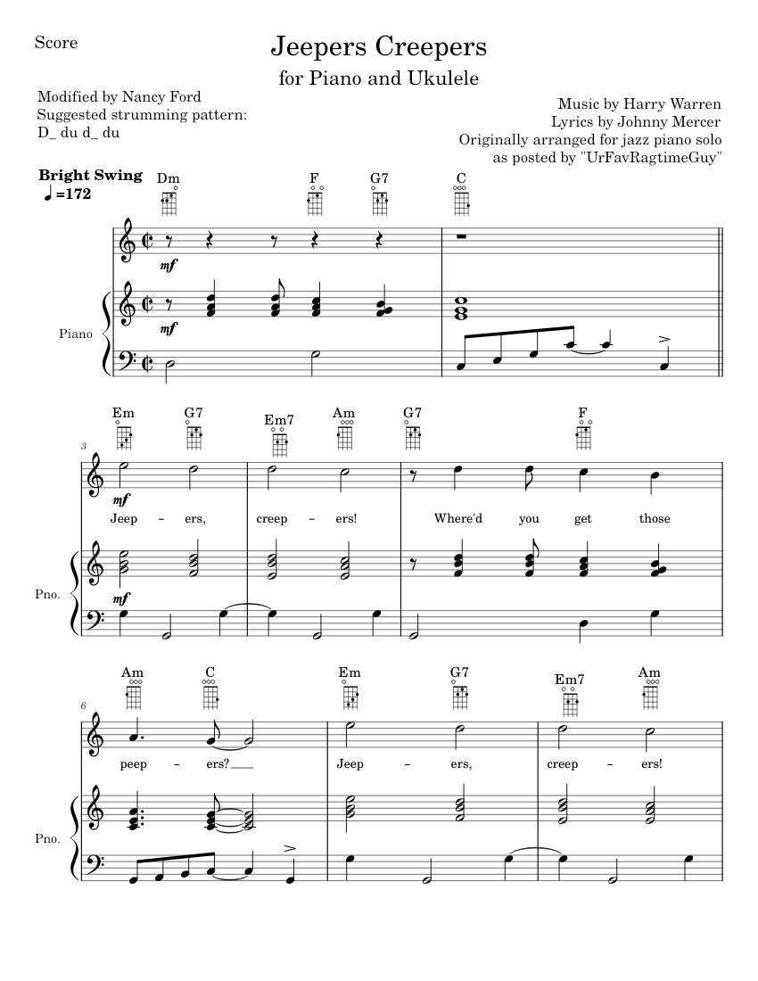 Jeepers Creepers Harry Warren (Ukulele and Piano) Sheet music for