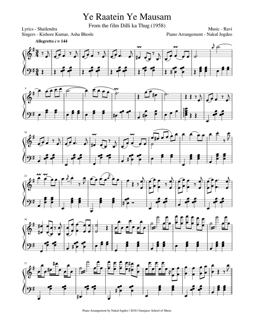 Ye Raatein Ye Mausam Sheet music for Piano (Solo) | Musescore.com