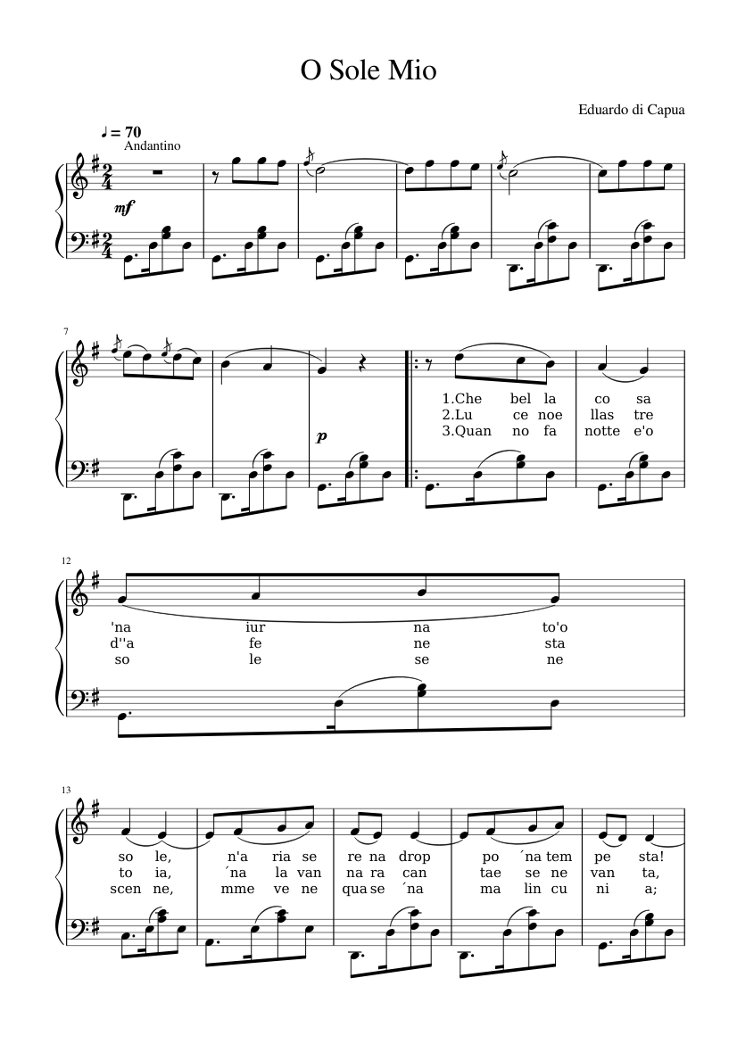 O Sole Mio piano y letra Sheet music for Piano (Solo) | Musescore.com
