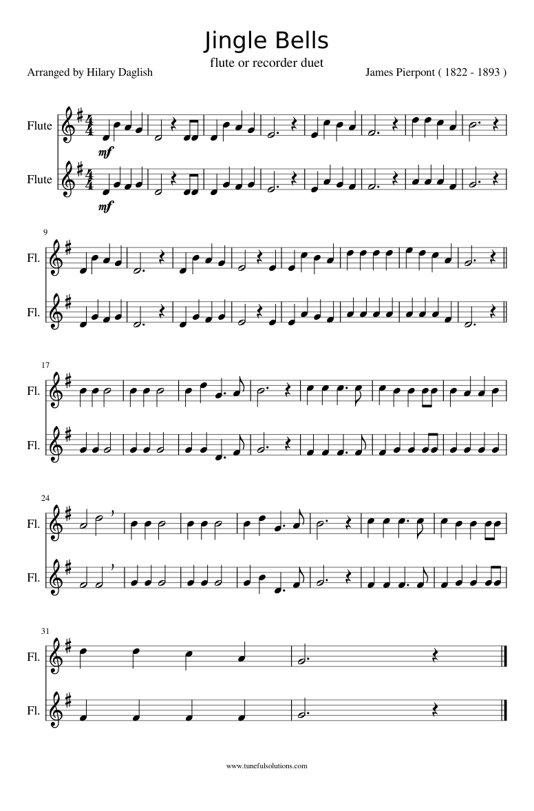Jingle Bells: flute or recorder duet Sheet music for Flute (Woodwind Duet)  | Musescore.com