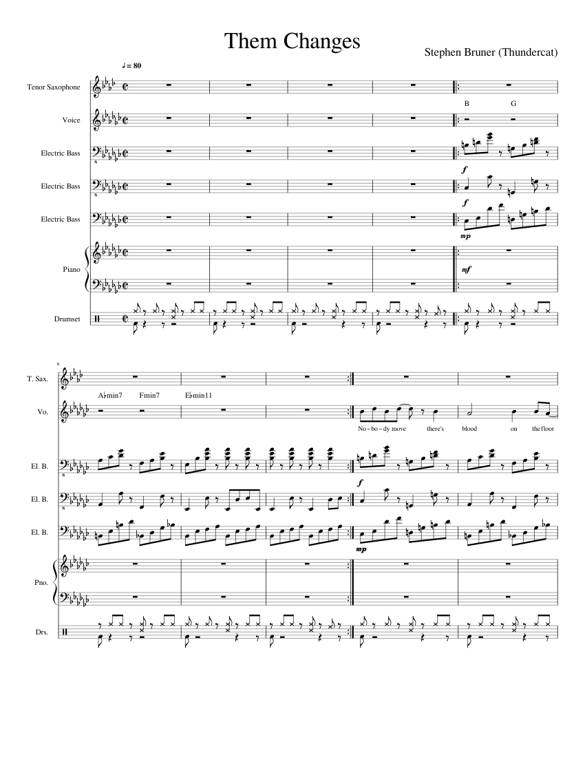 Thundercat - Them Changes Sheet music for Piano, Vocals, Saxophone tenor,  Bass guitar & more instruments (Mixed Ensemble) | Musescore.com