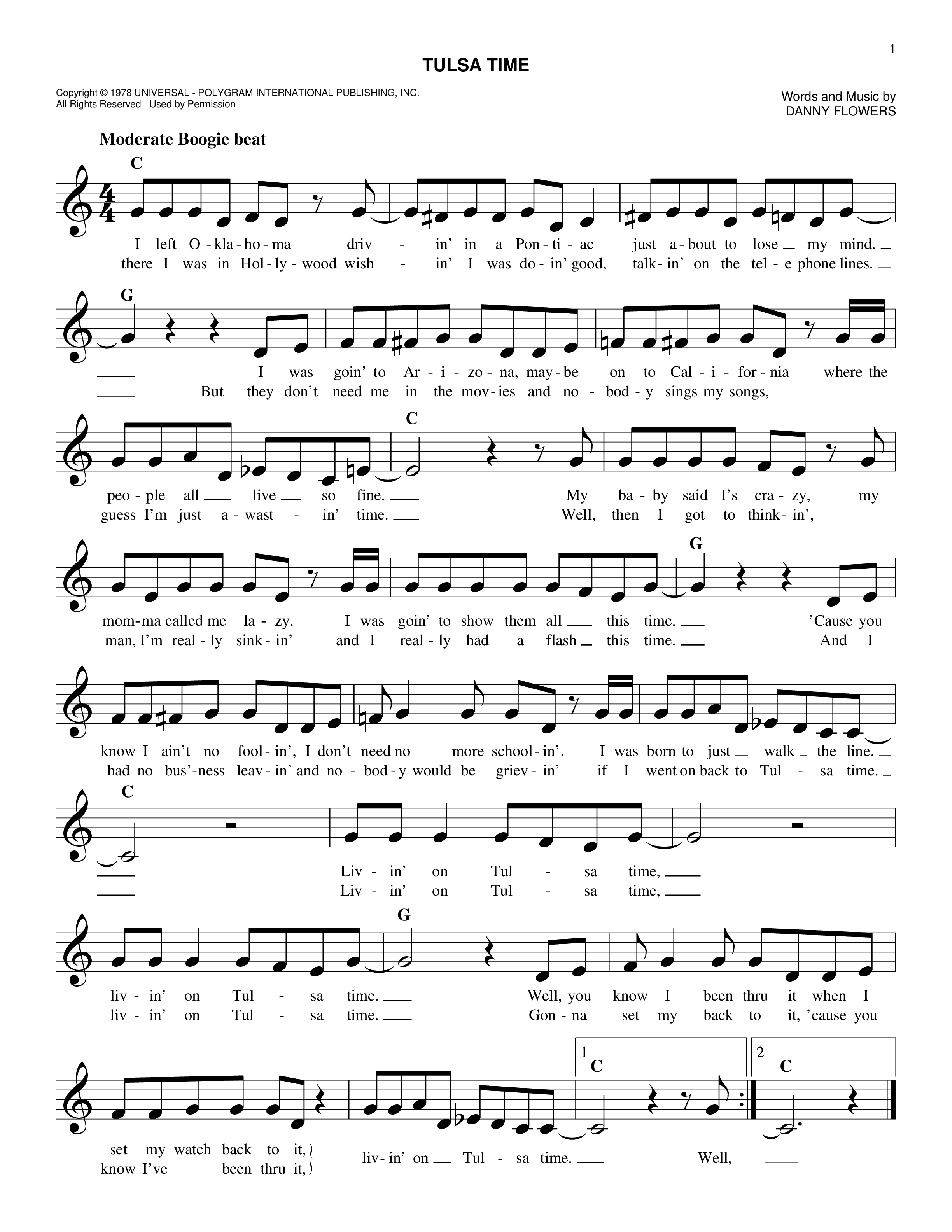 Play Official version of Tulsa time sheet music by Don Williams for ...