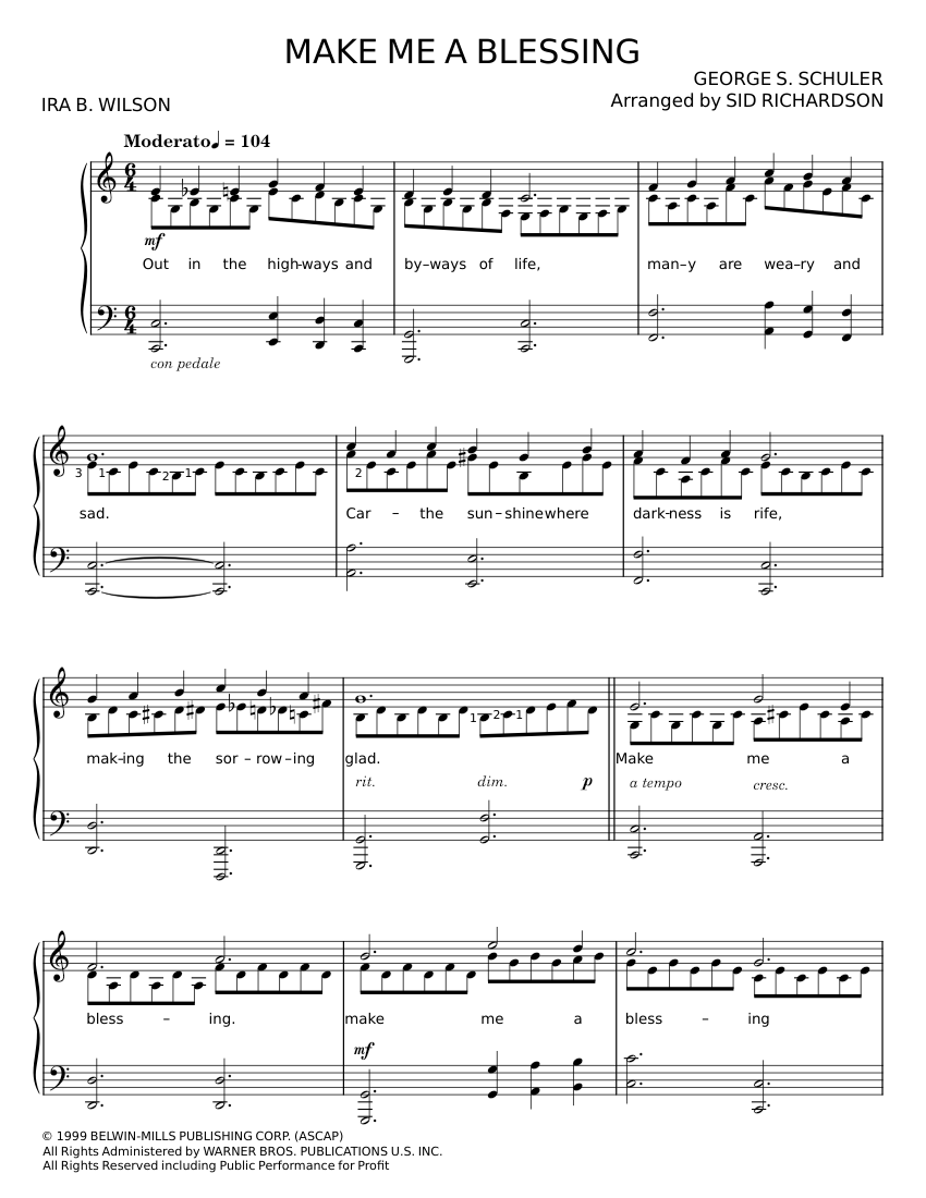 Make me a blessing george s schuler sheet music for piano solo