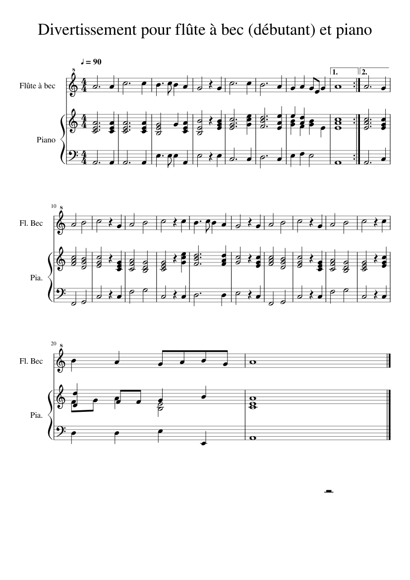 Divertissement pour flûte à bec (débutant) et piano Sheet music for Piano,  Recorder (Solo) | Musescore.com