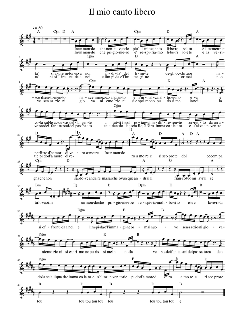 Il mio canto libero Sheet music for Piano (Solo) Easy | Musescore.com