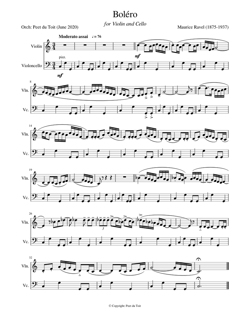 Boléro - M Ravel (Violin & Cello) Sheet music for Violin, Cello (String  Duet) | Musescore.com