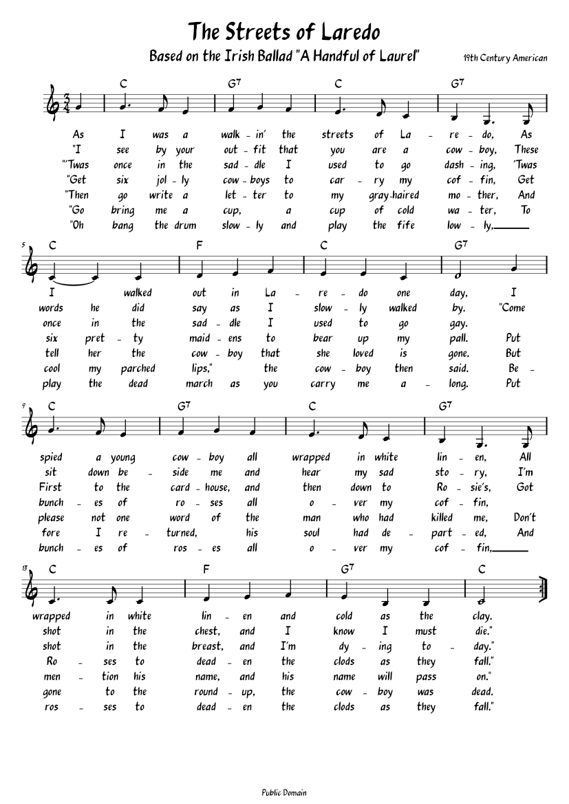 Free Piano Sheets Online - Streets of Laredo
