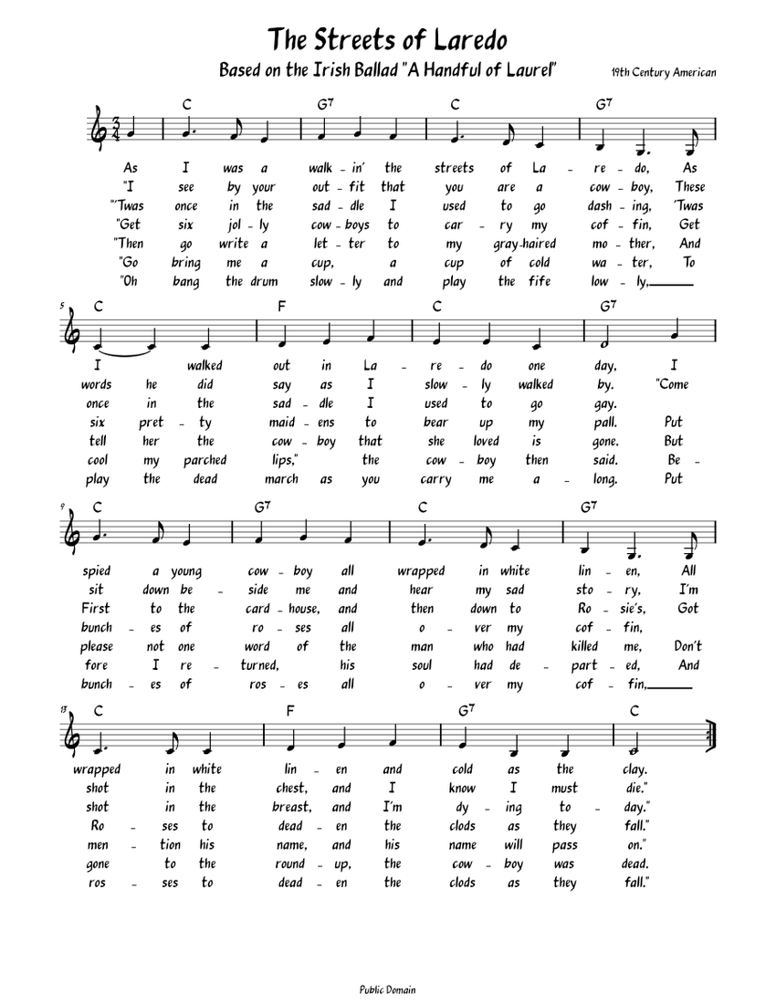 The Streets of Laredo (Lead sheet with lyrics ) Sheet music for Piano