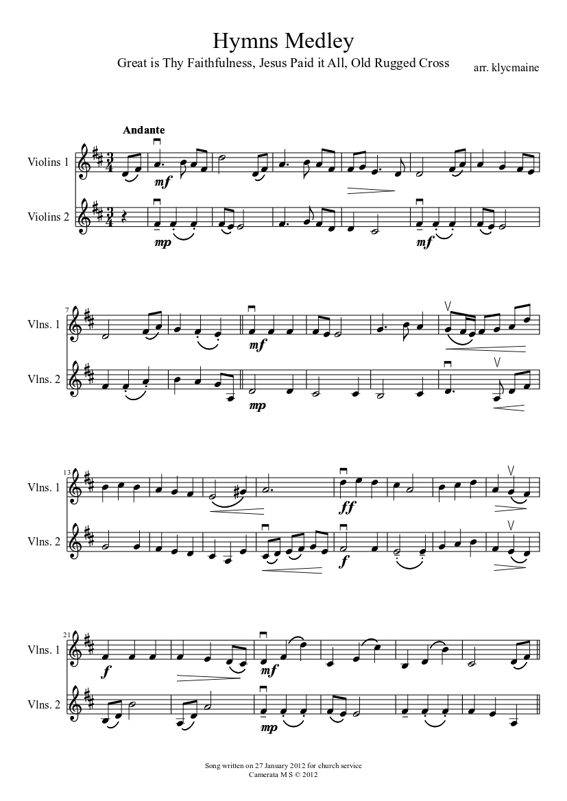 Hymns Medley Sheet music for Strings group String Duet