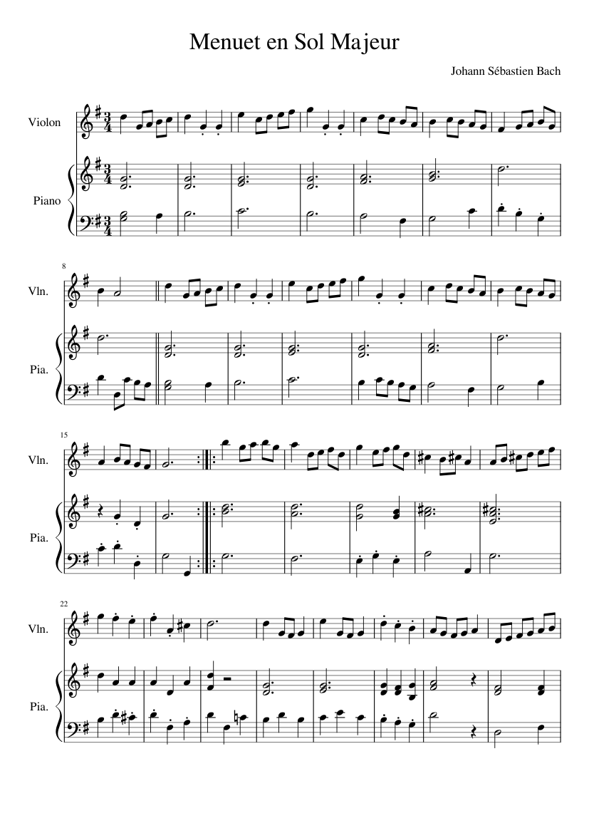 Menuet en sol Majeur de Bach Sheet music for Piano, Violin (Solo) |  Musescore.com