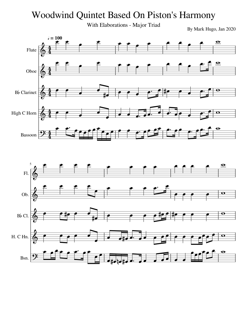 Walter Piston Major Triad Woodwind Quintent in C With Elbaorations Sheet  music for Flute, Clarinet (In B Flat), Oboe, Bassoon & more instruments  (Woodwind Quintet) | Musescore.com