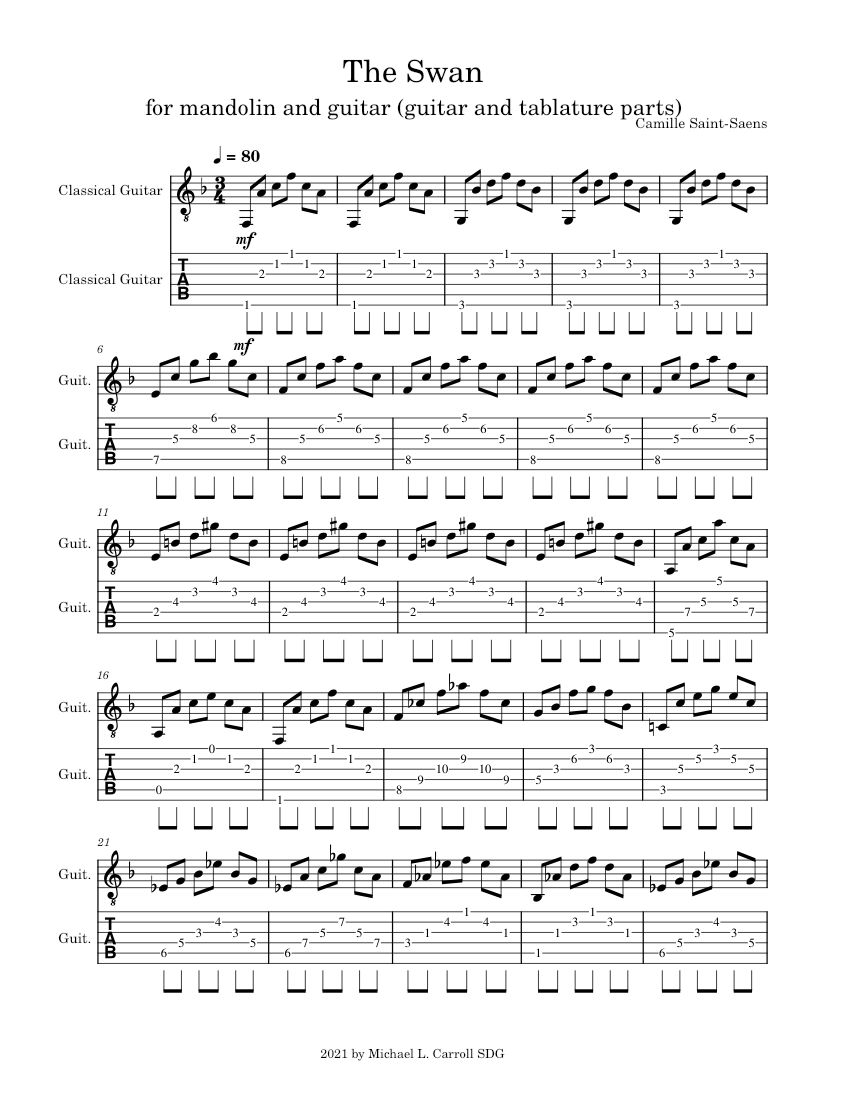 The Swan -- Camille Saint-Saens: guitar part w tab Sheet music for ...