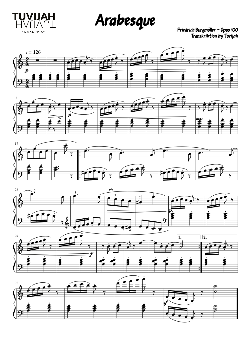 Arabesque by Friedrich Burgmüller Op. 100 (Transkribtion) Sheet music for  Piano (Solo) | Musescore.com