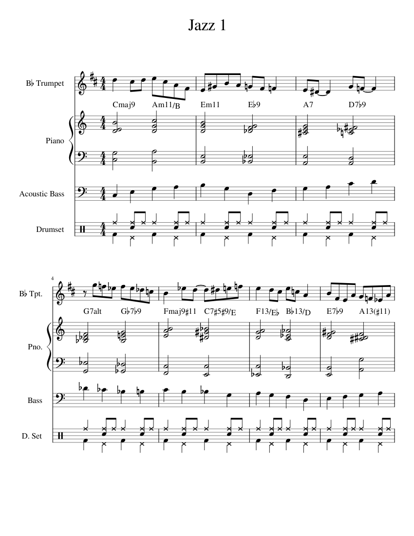 Jazz Etude Sheet music for Piano, Trumpet in b-flat, Bass guitar, Drum ...