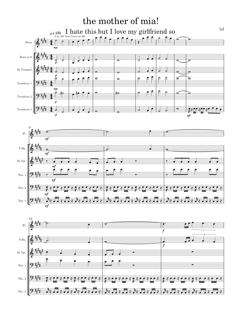 Mamma Mia! Medley Sheet Music For Trombone, Flute, Trumpet In B-flat ...