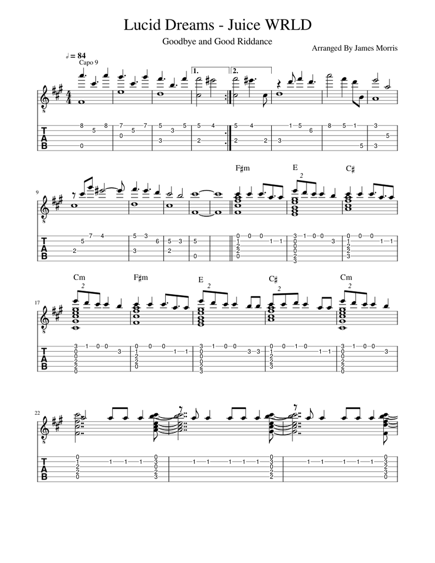 Lucid Dreams - Juice WRLD (Fingerstyle Guitar Arrangement with tab/  tablature) Sheet music for Guitar (Solo) | Musescore.com