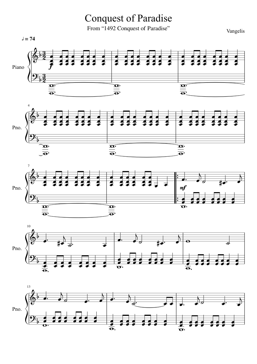 Conquest of Paradise Sheet music for Piano (Solo) | Musescore.com
