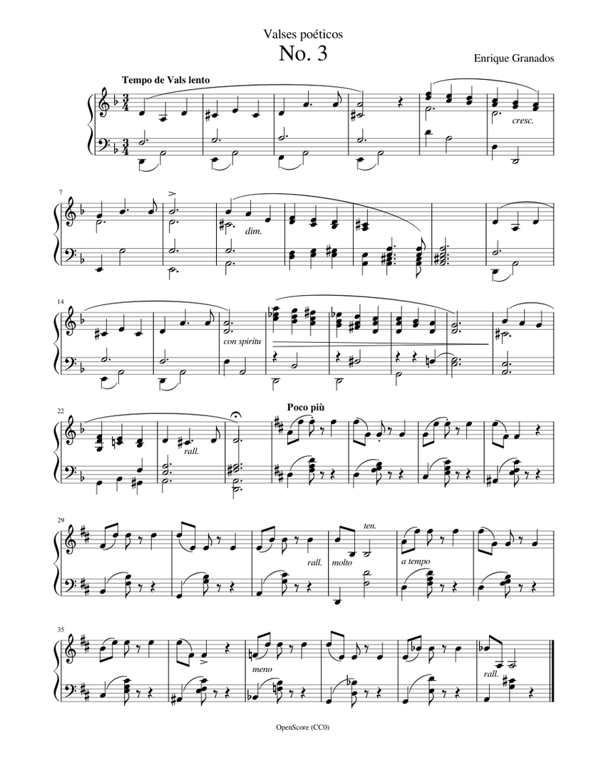 Granados, Enrique - Valses poéticos - No.3, Tempo de Vals lento Sheet music  for Piano (Solo) | Musescore.com