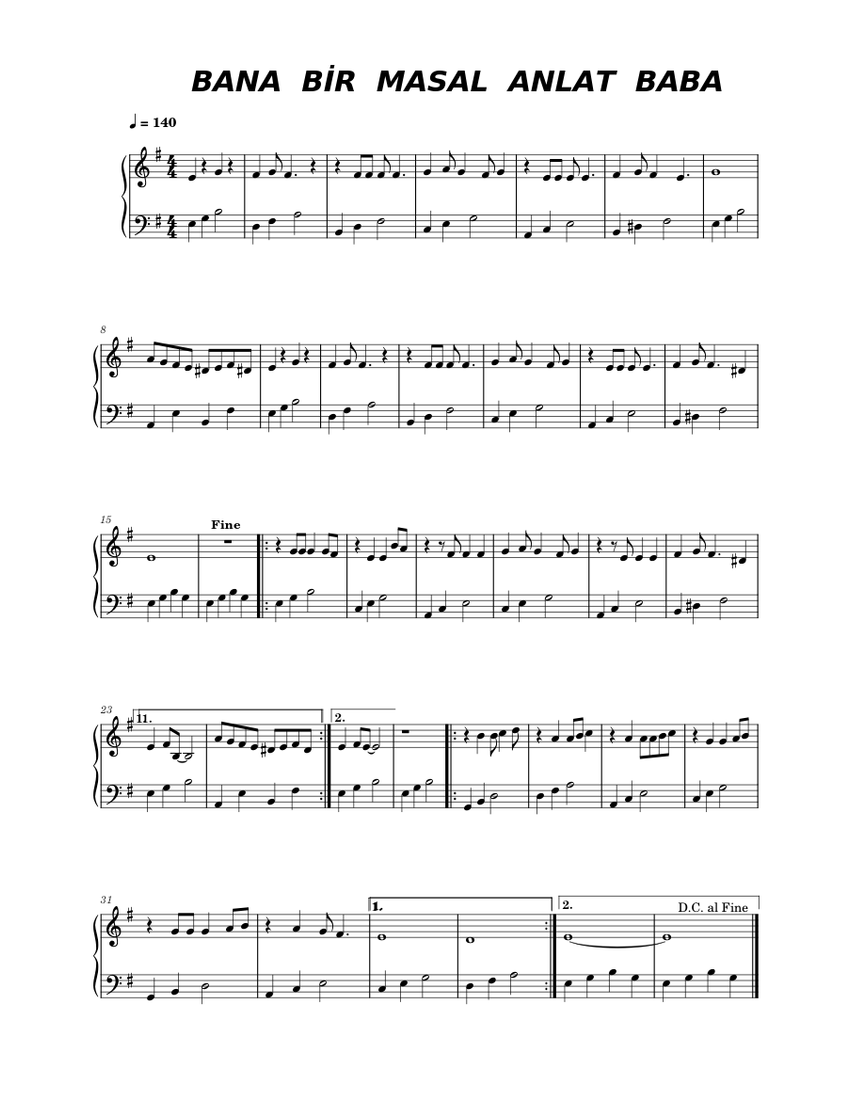 Bana bir masal anlat baba – Yeni Türkü Sheet music for Piano (Solo) Easy |  Musescore.com