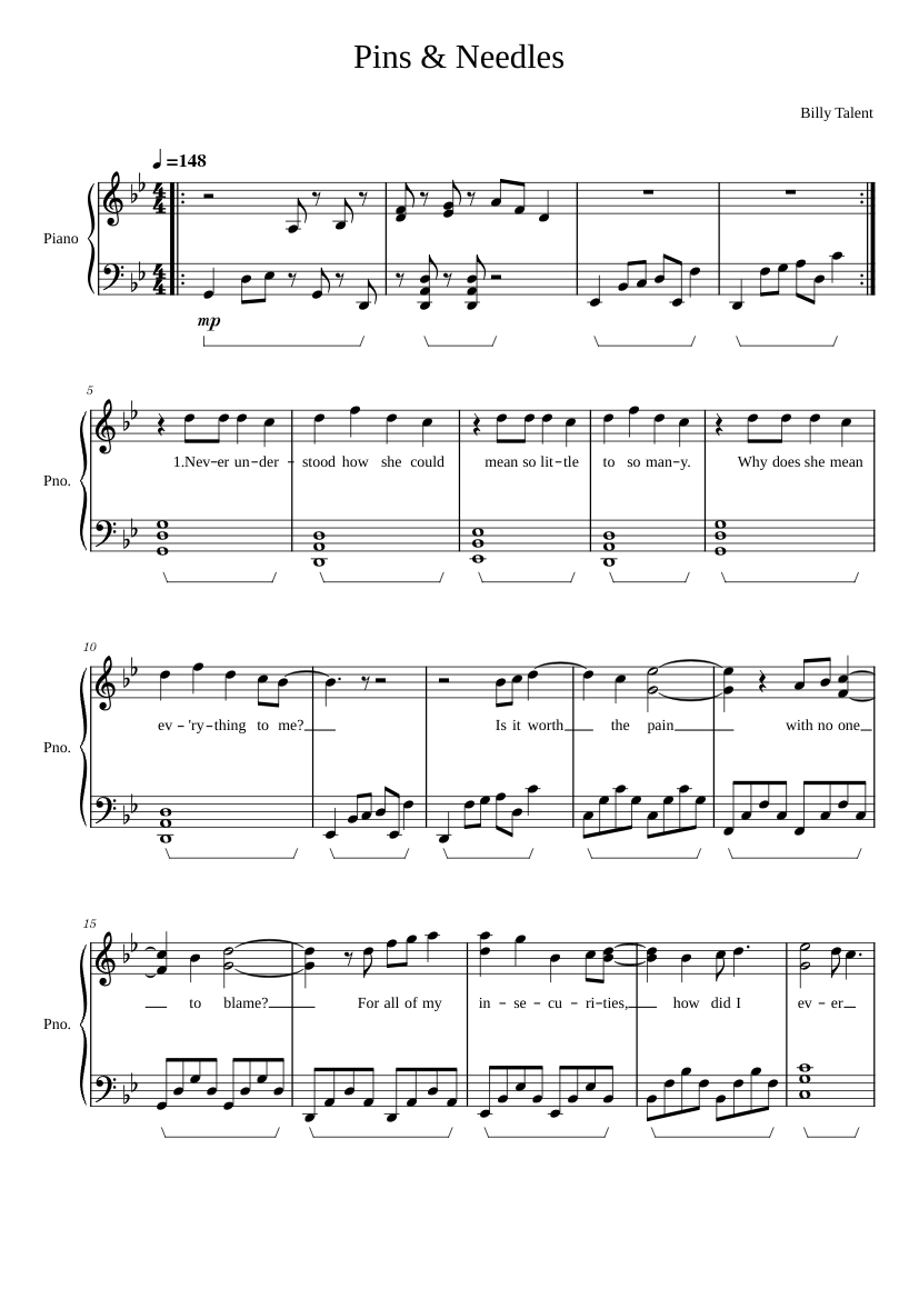 Pins & Needles - Billy Talent Sheet Music for Piano (Solo