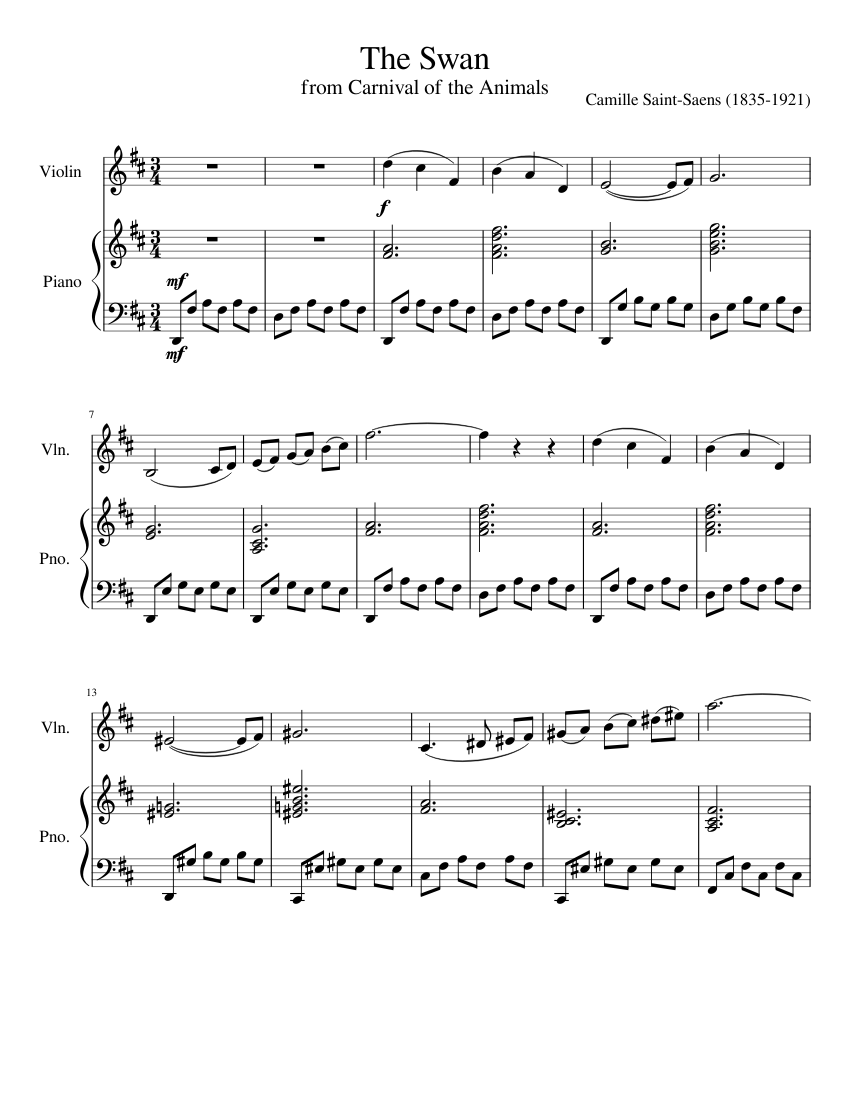 The Swan from The Carnival of the Animals Sheet music for Piano, Violin  (Solo)