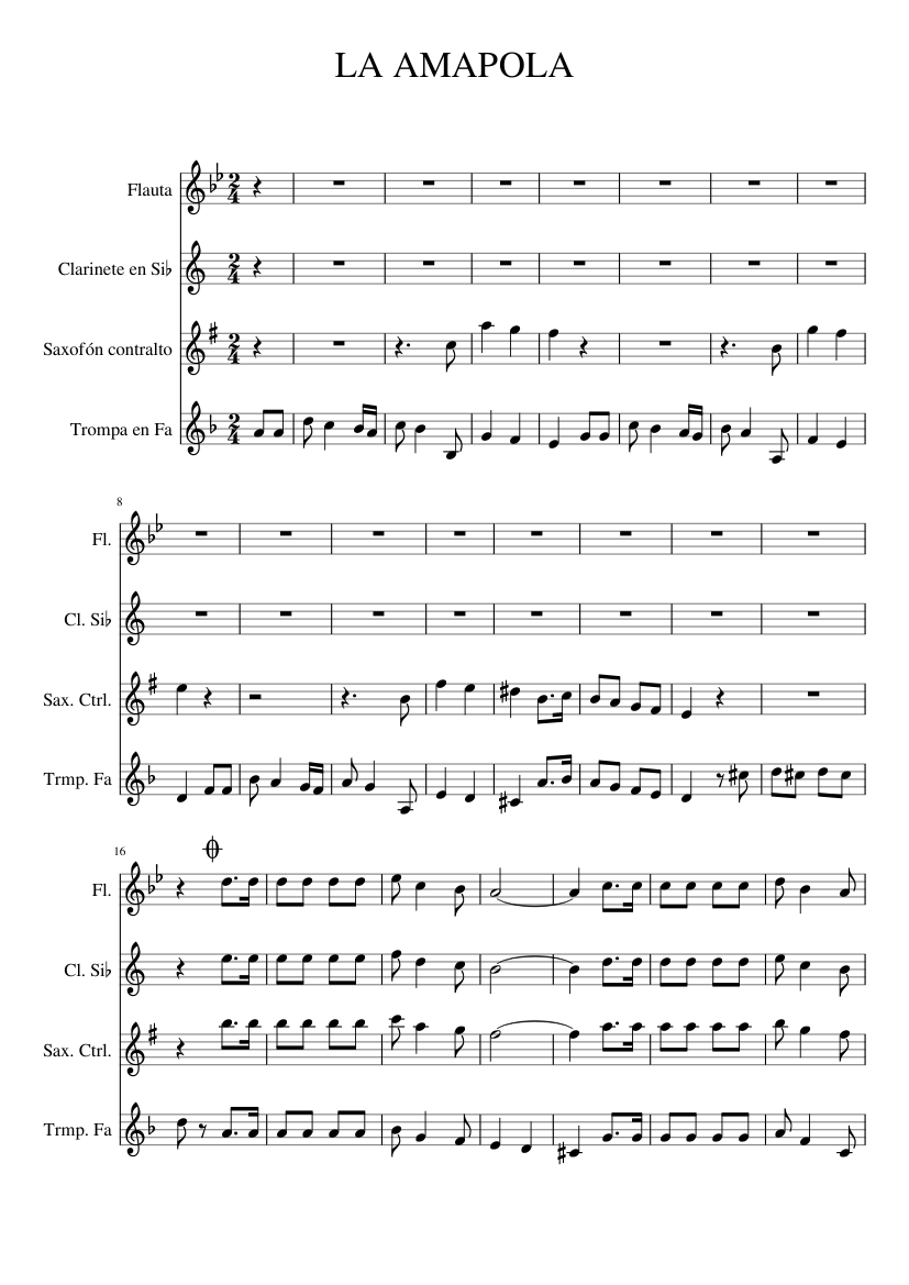 Que bonita es la amapola (Charanga) Sheet music for Flute, Clarinet in  b-flat, Saxophone alto, French horn (Mixed Quartet) | Musescore.com