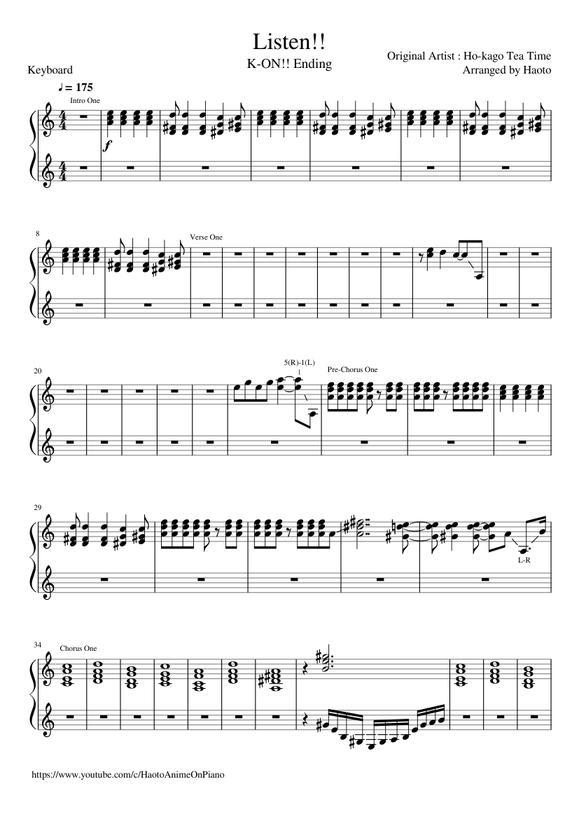 K ON!! ED Keyboard - Listen!! [With Sheets & Tabs] Sheet music for ...