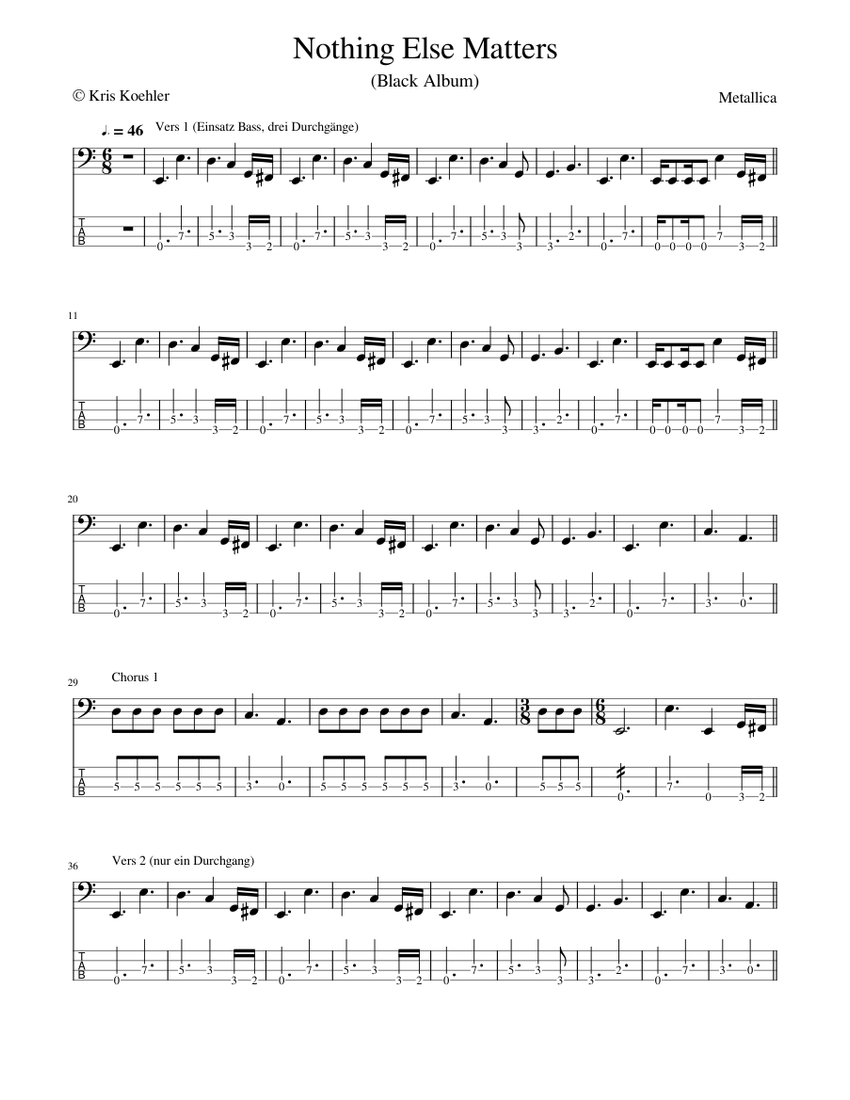 Metallica - Nothing else matters - Tab - Easy Sheet music for Bass guitar  (Solo) | Musescore.com