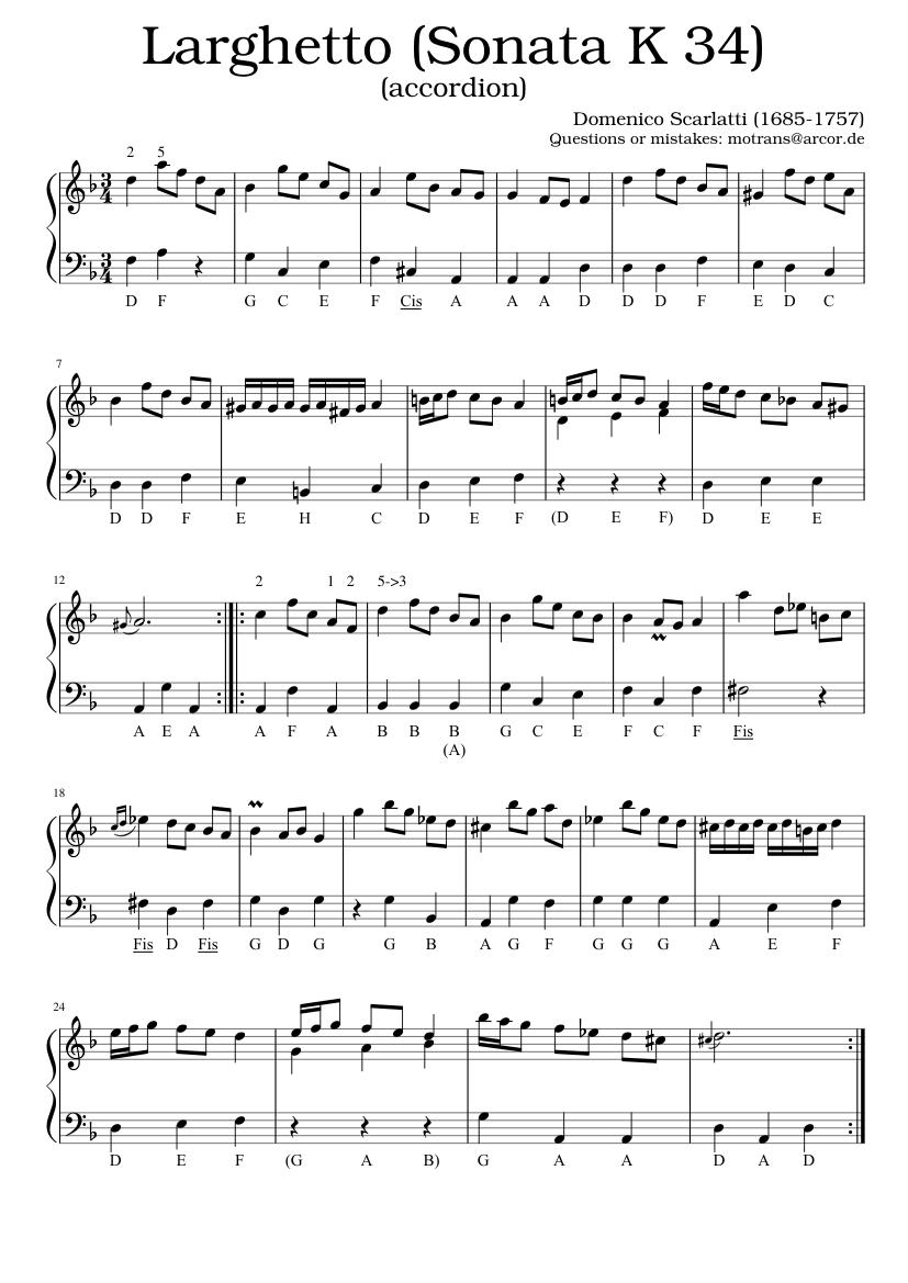 Larghetto (Sonata K 34) Scarlatti for accordion, piano, ... Sheet music for  Piano (Solo) | Musescore.com