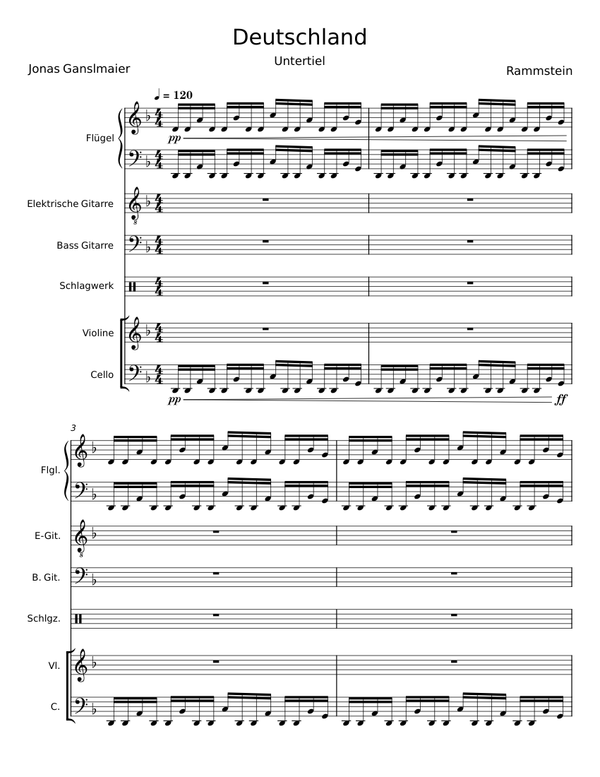 Deutschland rammstein sheet music for piano violin cello guitar