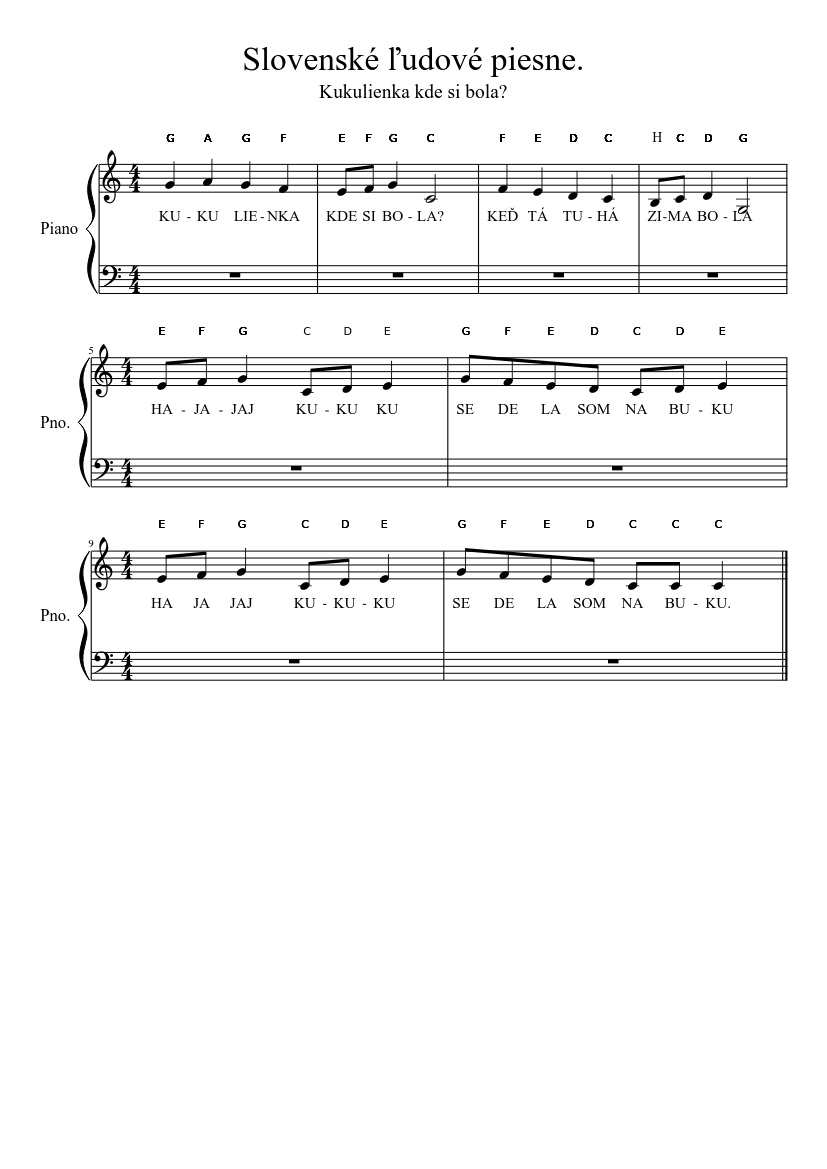 Slovenské ľudové piesne - Kukulienka kde si bola? Sheet music for Piano  (Solo) | Musescore.com