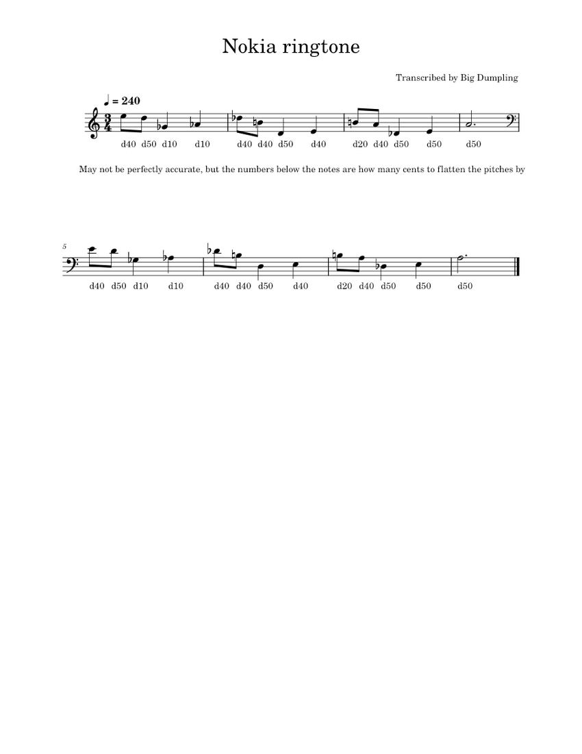 Nokia ringtone Treble and bass clef Sheet music for Piano (Solo) Easy