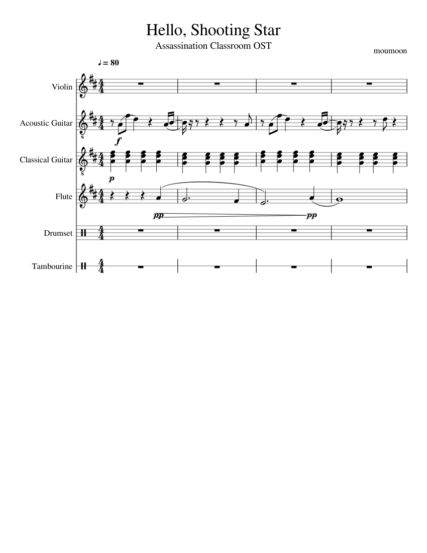 Hello, Shooting Star (Unfinished) Sheet music for Tambourine, Flute,  Violin, Guitar, Drum group (Mixed Ensemble) | Download and print in PDF or  MIDI free sheet music | Musescore.com