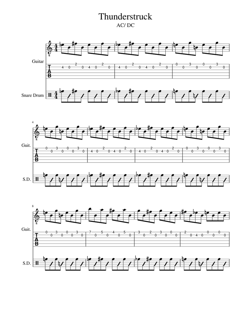 AC/DC-Thunderstruck Sheet music for Snare drum, Guitar, Drum group, Bass  drum & more instruments (Mixed Ensemble) | Musescore.com